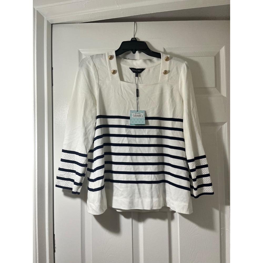 Ming Wang Womens White Navy Striped Square Neck Gold Button‎ Knit Top Small NEW